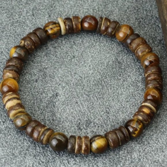 Tiger Eye Bracelet,Coconut Bracelet,Gemstone and Coconut Beads Bracelet - Picture 1 of 1